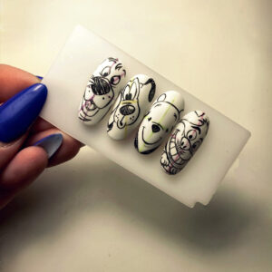 Four hand-painted draft style cartoon character nail designs